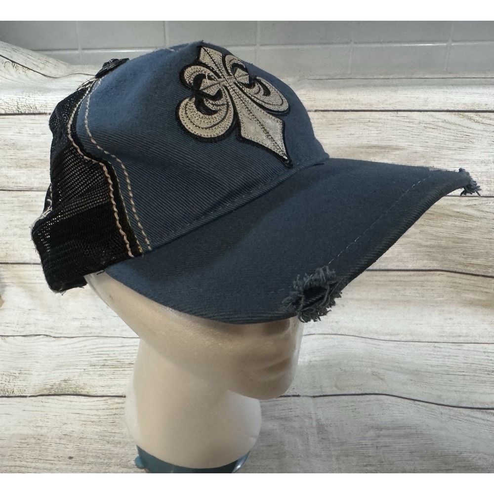 Affliction Blue Black Distressed Trucker Mesh Back Big Stitching Snapback Hat X